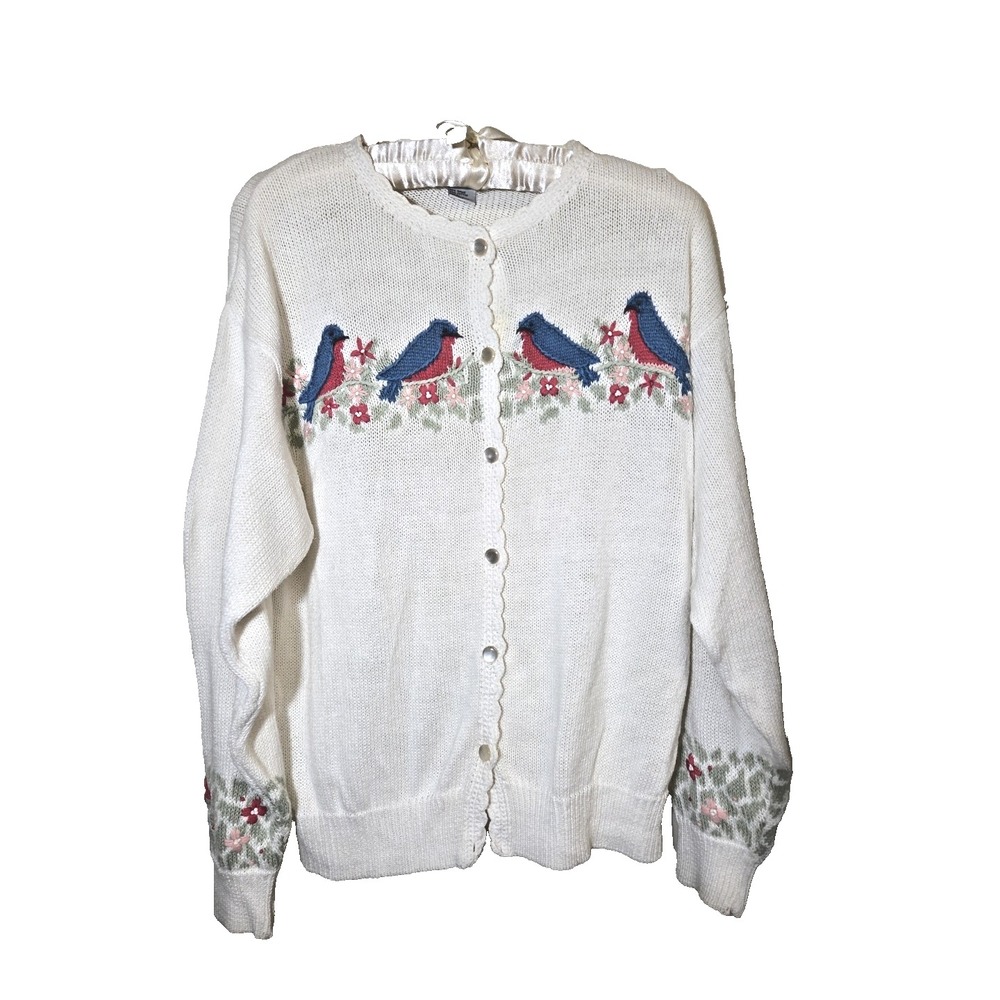 Vtg Orvis Sweater Cardigan Birds Bluebird Flowers Knitted Scalloped Grannycore M